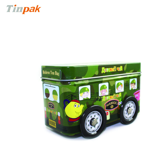 bus shaped tin box with wheels